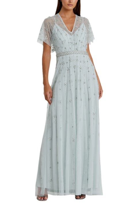 Women's V Neck Embellished Flutter Sleeve A Line Gown