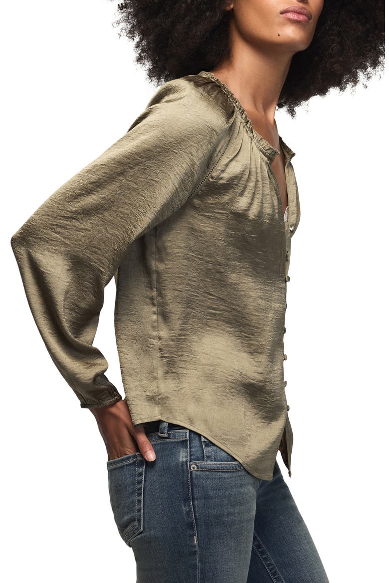 Hammered Satin Peasant Top, Alternate, color, DUSTY OLIVE