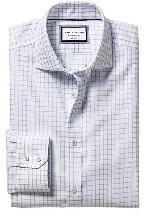 Charles Tyrwhitt Men's Non-iron Clifton Weave Check Cutaway Slim Fit Shirt Double Cuff In Cornflower Blue