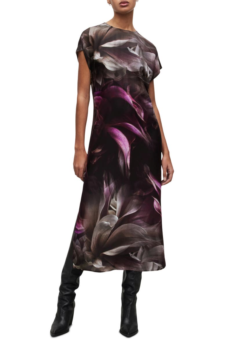 AllSaints Etta Margeaux Satin Midi Dress, Main, color, 