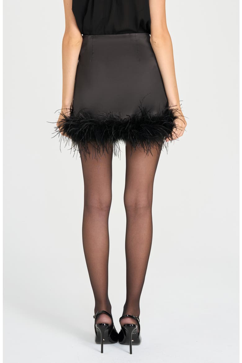 x Rose Lola Studio Faux Feather Trim Miniskirt, Alternate, color, BLACK
