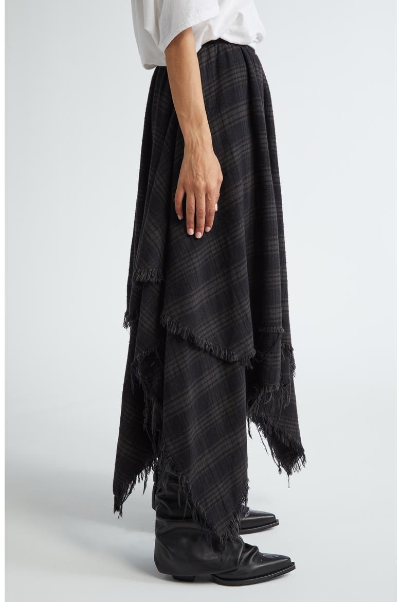 Plaid Frayed Handkerchief Hem Cotton Flannel Midi Skirt, Alternate, color, OVERDYED BLACK PLAID