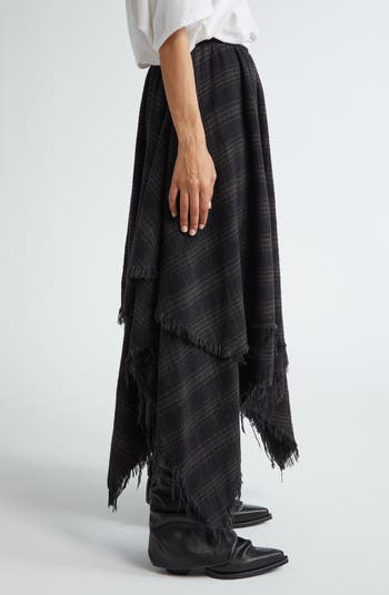 R13 Plaid Frayed Handkerchief Hem Cotton Flannel Midi Skirt