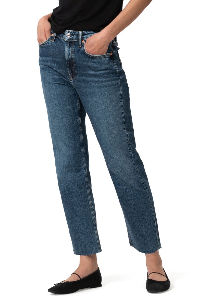 Mavi Jeans New York Raw Hem High Waist Straight Leg Jeans, Main, color, Dark Used Classic Blue