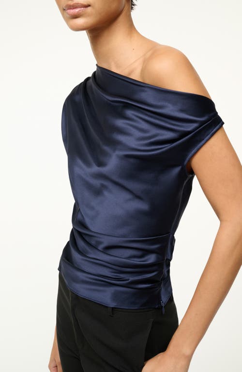 Shop Staud Phare One-shoulder Stretch Silk Top In Navy