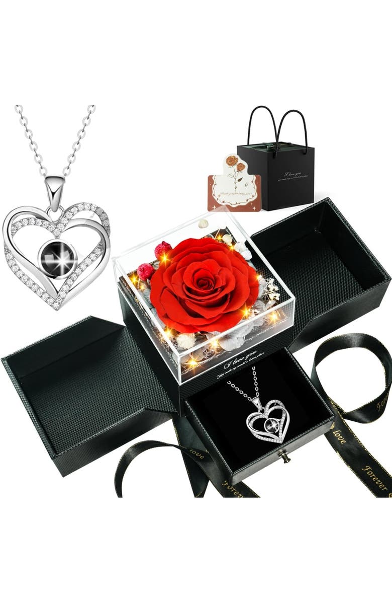 Lovery Preserved Red Rose with LED Lights & Double Heart Necklace - "I Love You" in 100 Languages, Main, color, Black, Red