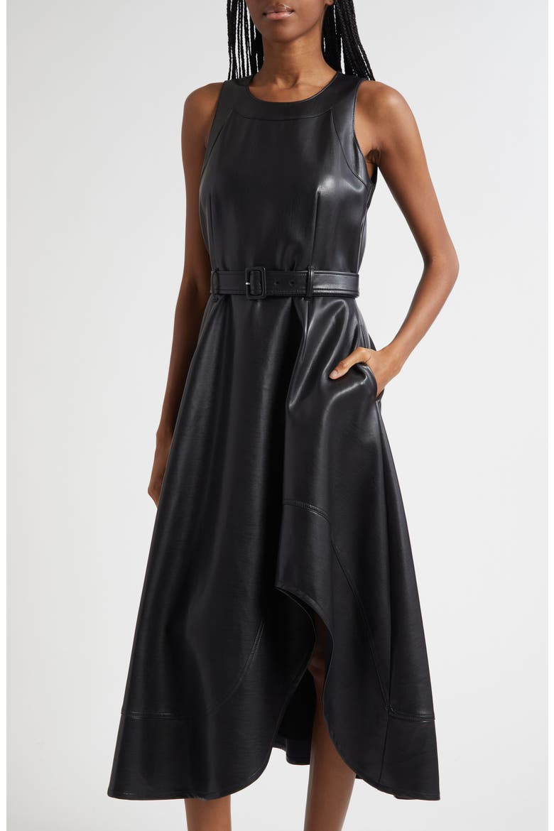 Zelda Faux Leather High Low Hem Dress, Alternate, color, BLACK