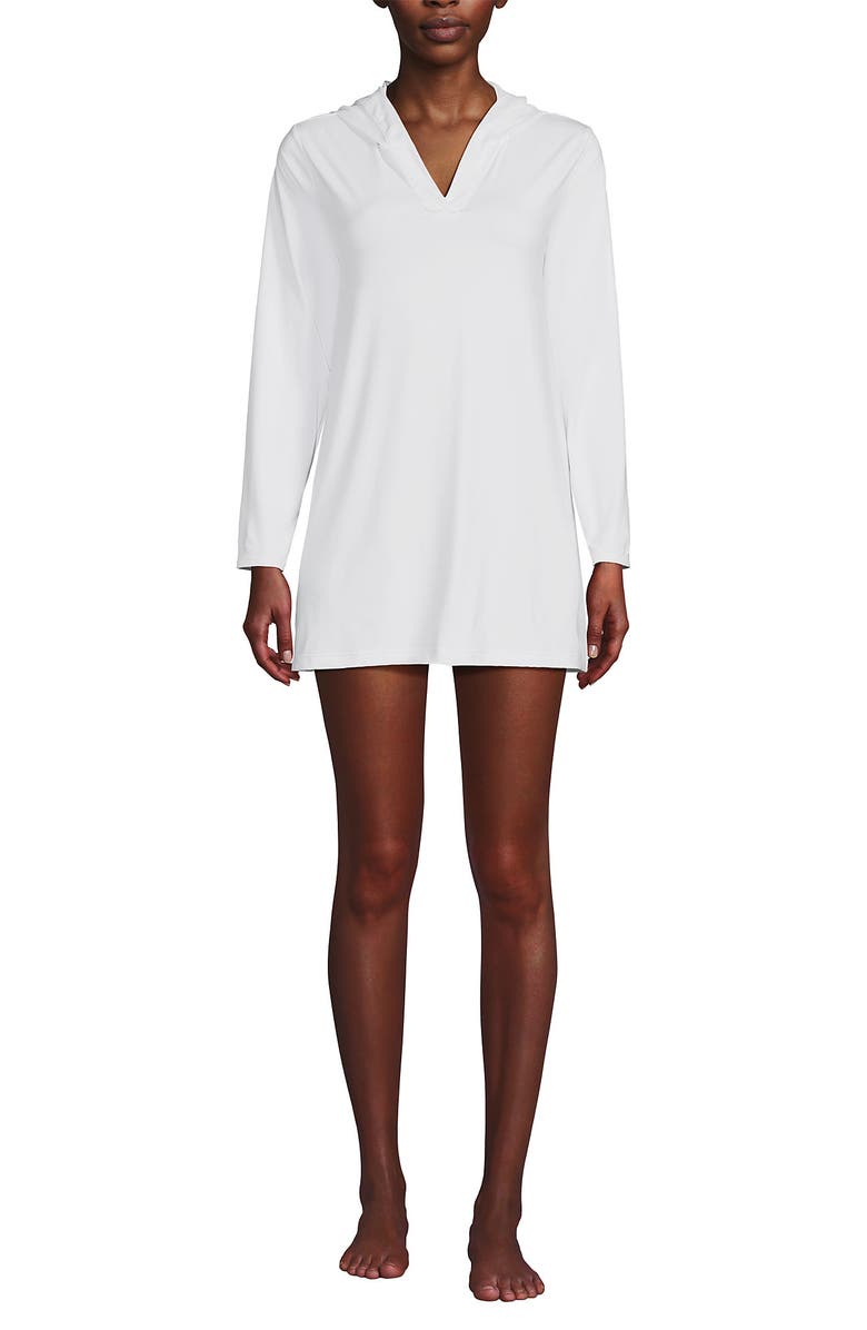 Lands' End Cotton Jersey Long Sleeve Hooded Swim Cover-up Dress, Alternate, color, White