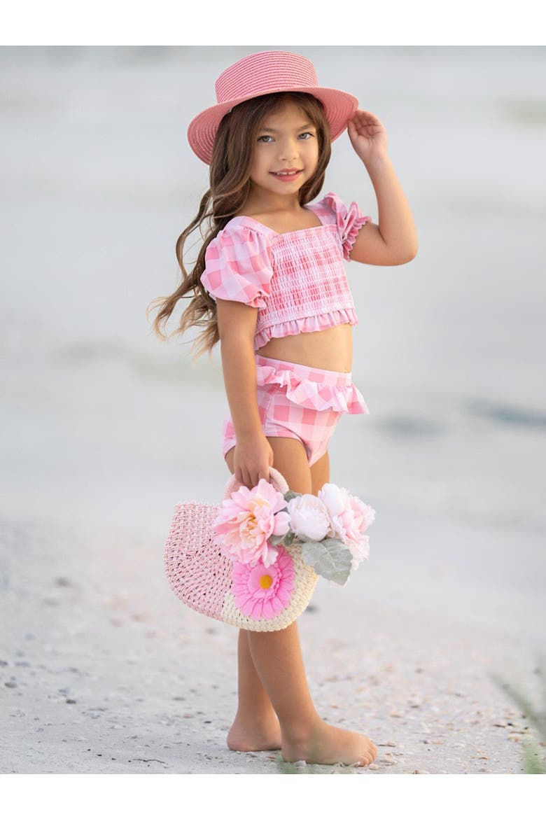 Girls Perfect Pink Gingham Puff Sleeve Two Piece Swimsuit, Alternate, color, Pink