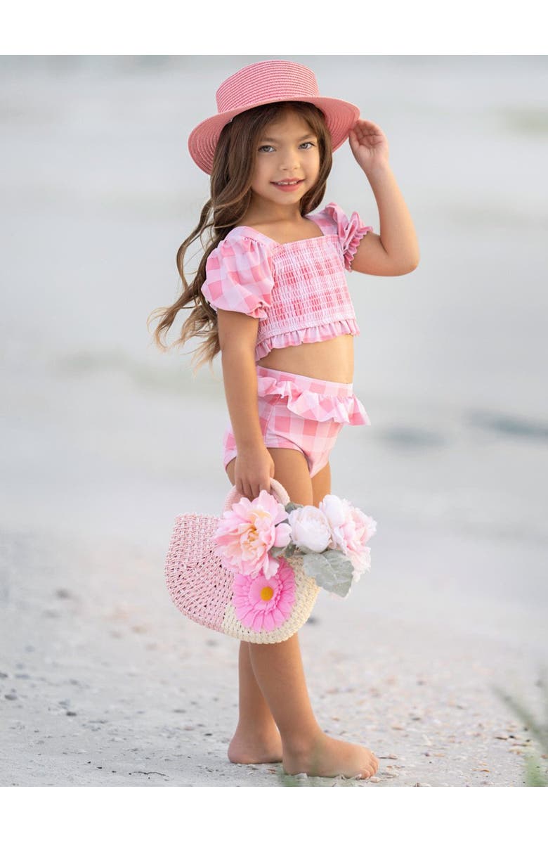 Mia Belle Girls Girls Perfect Pink Gingham Puff Sleeve Two Piece Swimsuit, Alternate, color, Pink