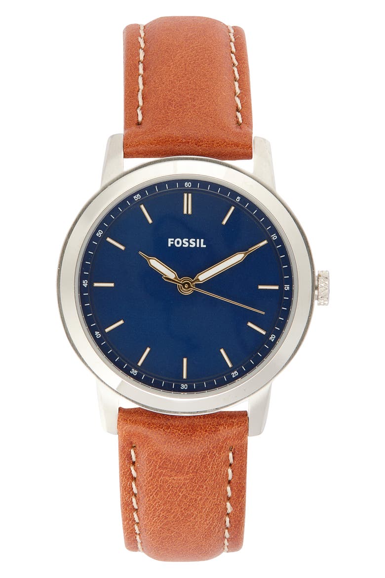 Minimalist Three Hand Quartz Leather Strap Watch, 44mm, Main, color, SILVER