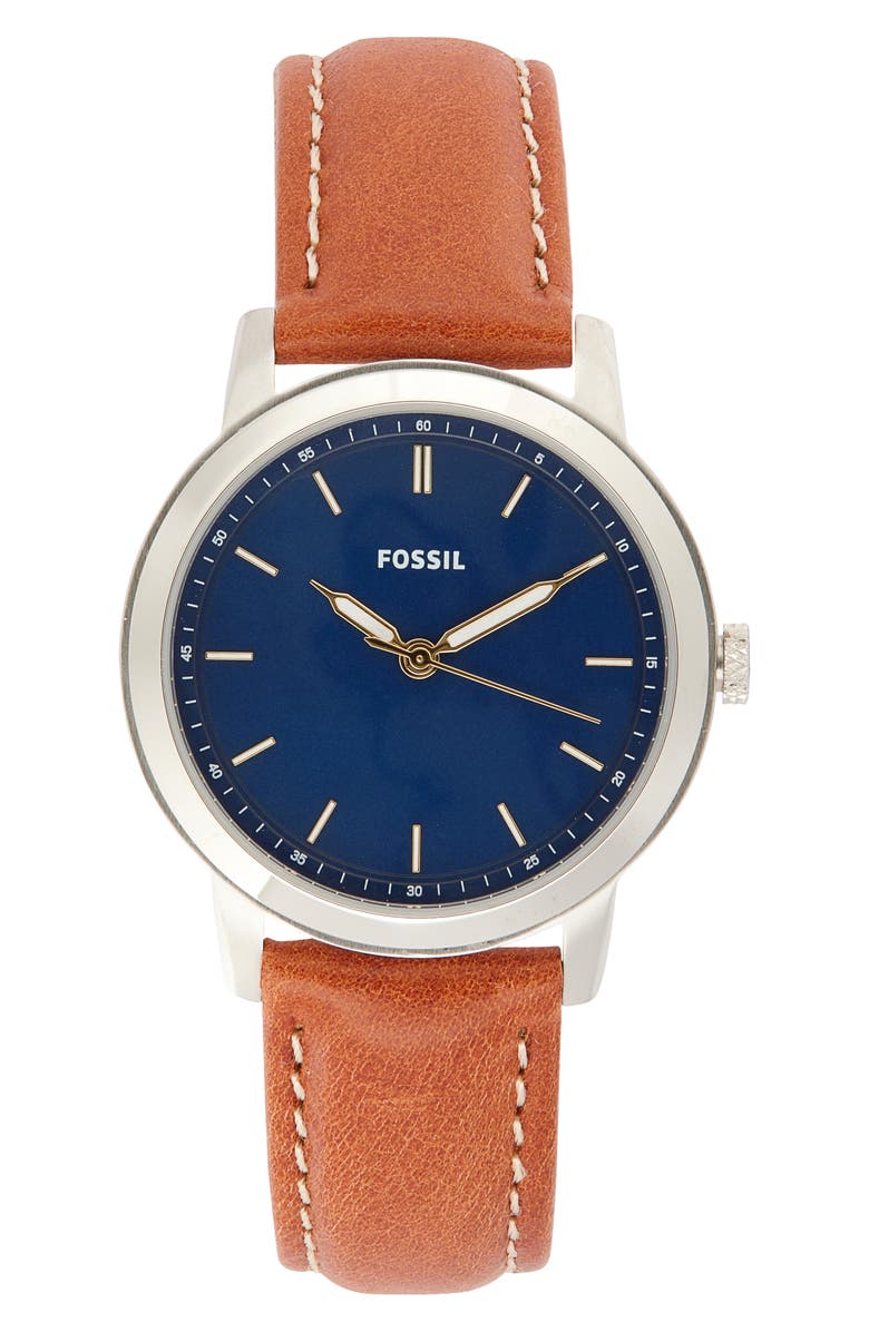 Fossil Minimalist Three Hand Quartz Leather Strap Watch, 44mm, Main, color, Silver