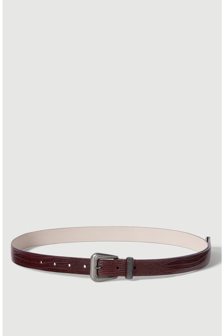 Lizard-effect calfskin belt with shiny loop, Main, color, Burgundy