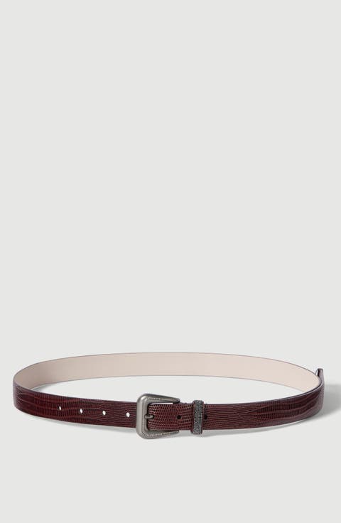 Lizard-effect calfskin belt with shiny loop