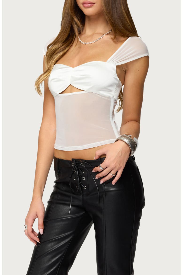 Cutout Satin & Sheer Mesh Crop Top, Alternate, color, WHITE