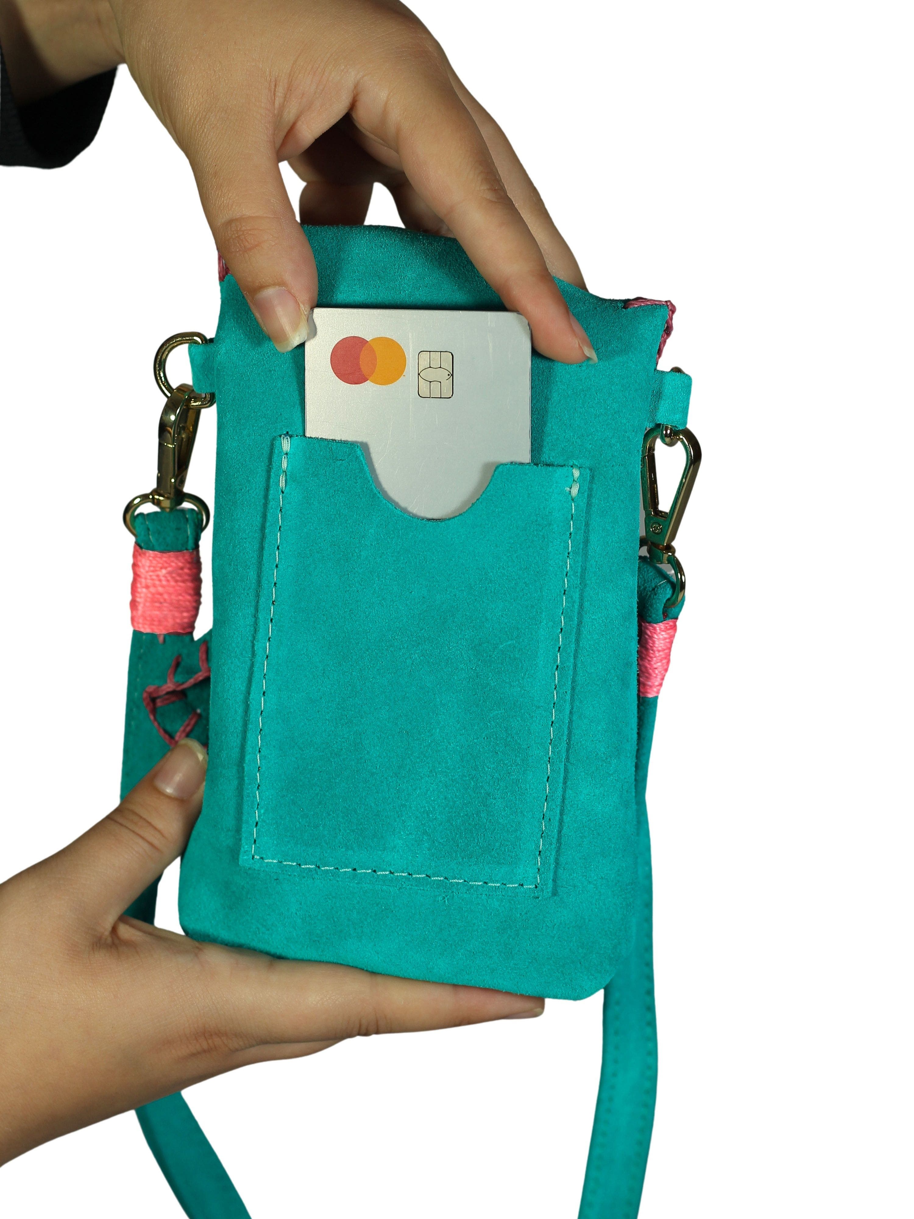 Carlos Falchi Cell Phone Butterly Suede Leather Bag, Alternate, color, Sky