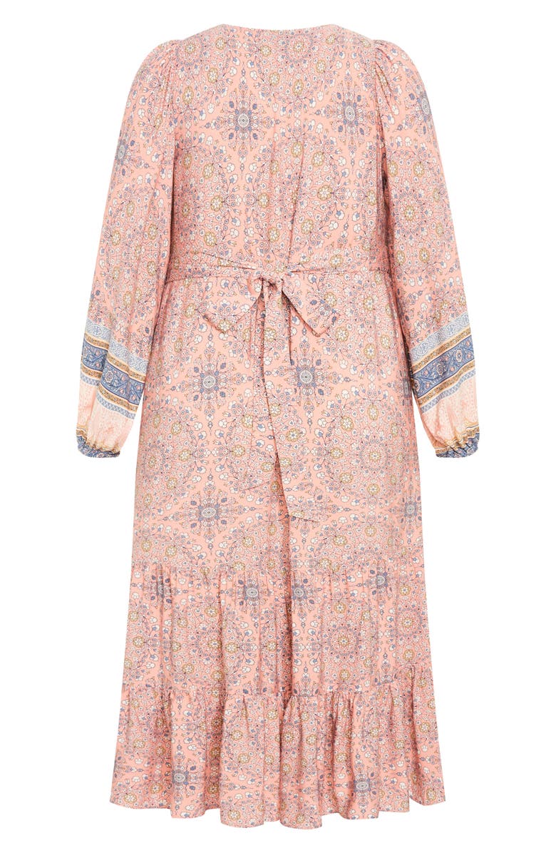City Chic Clover Tie Belt Button Front Long Sleeve Maxi Dress, Alternate, color, Peachy Border