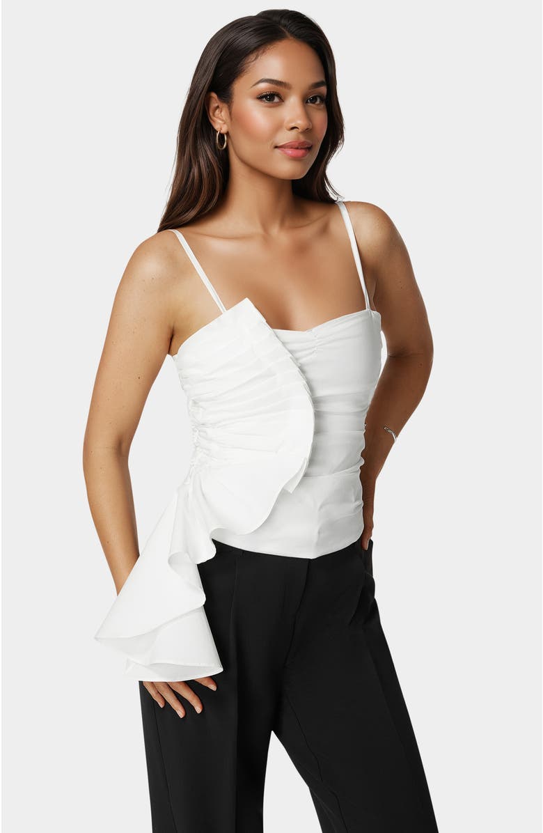 bebe Poplin Asymmetric Ruffle Top, Alternate, color, White Alyssum