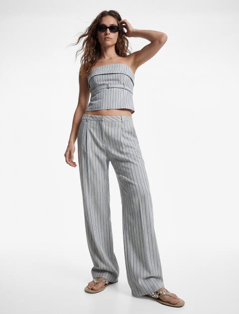 Wide Leg Striped Mid-Rise Trousers