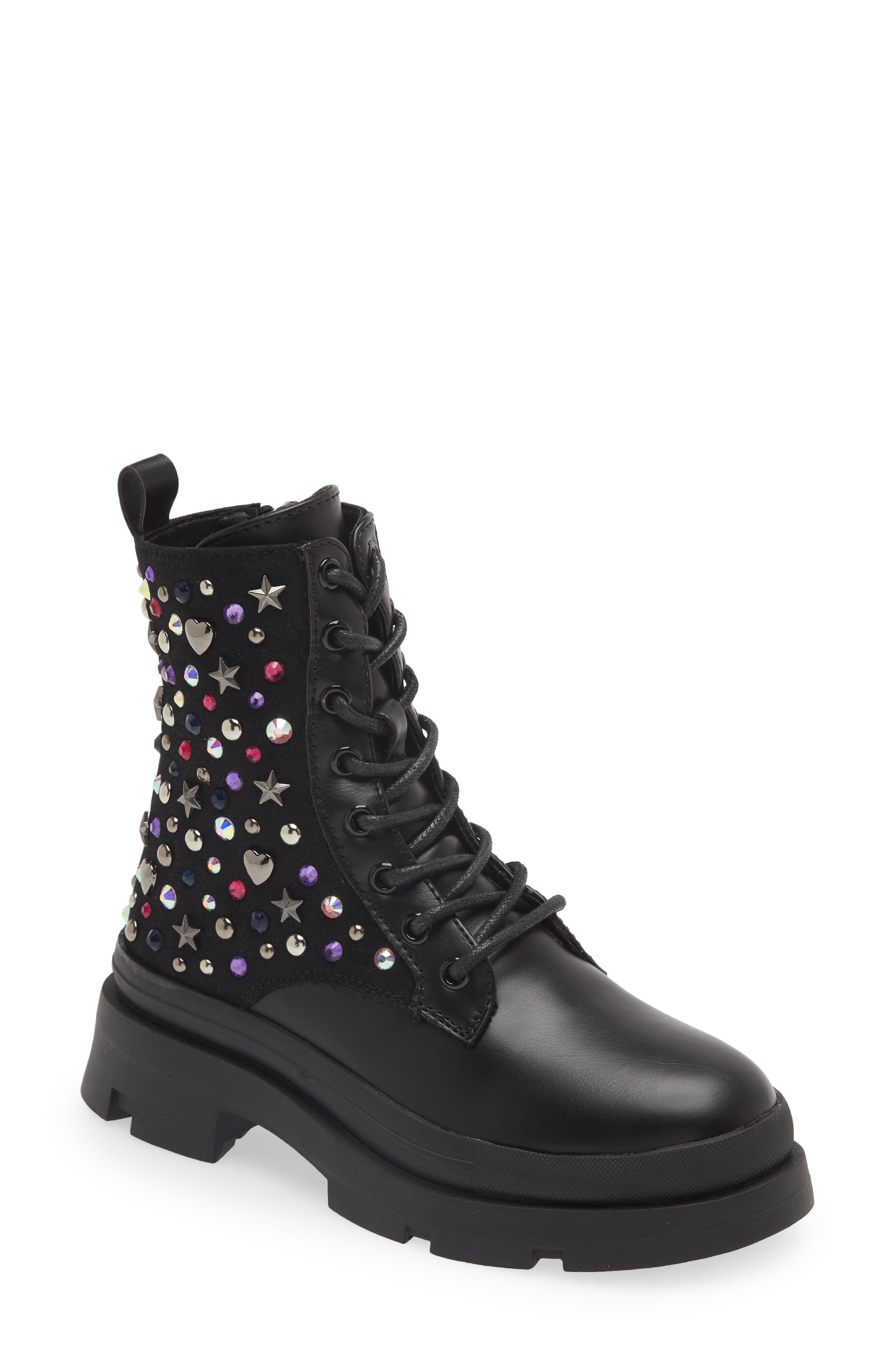 Steve Madden Kids' JKrissen Glitter Stud Combat Boot, Main, color, 
