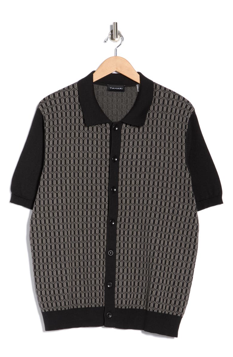 Tahari Button-Up Polo Sweater, Main, color, Black/ Multi