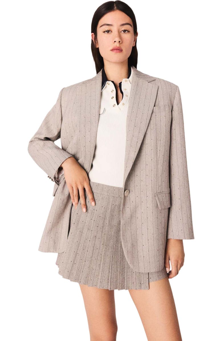 maje Rhinestone striped suit blazer, Main, color, Light Grey