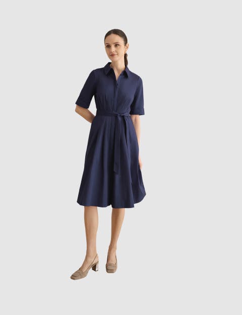 Brigitta Pleated Tie Belt Shirt Dress