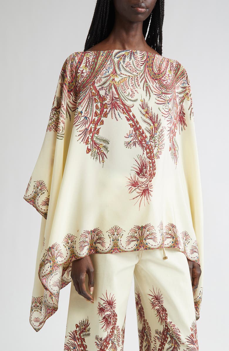 Etro Paisley Border Silk Poncho Top, Main, color, Stampa F.do Bianco