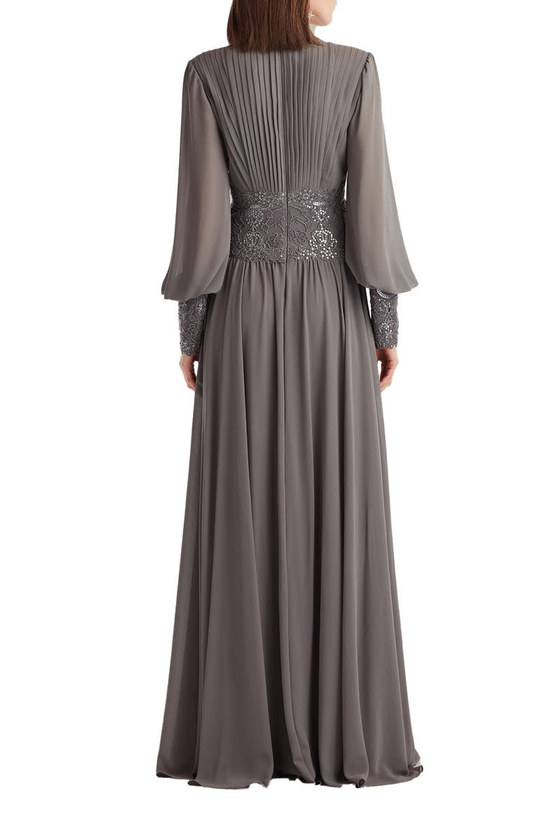 Sequin & Lace Pleated Long Sleeve Chiffon Gown, Alternate, color, MIST