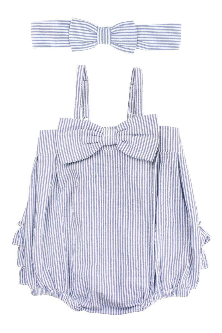 Seersucker Bubble Romper & Head Wrap Set, Main, color, BLUE