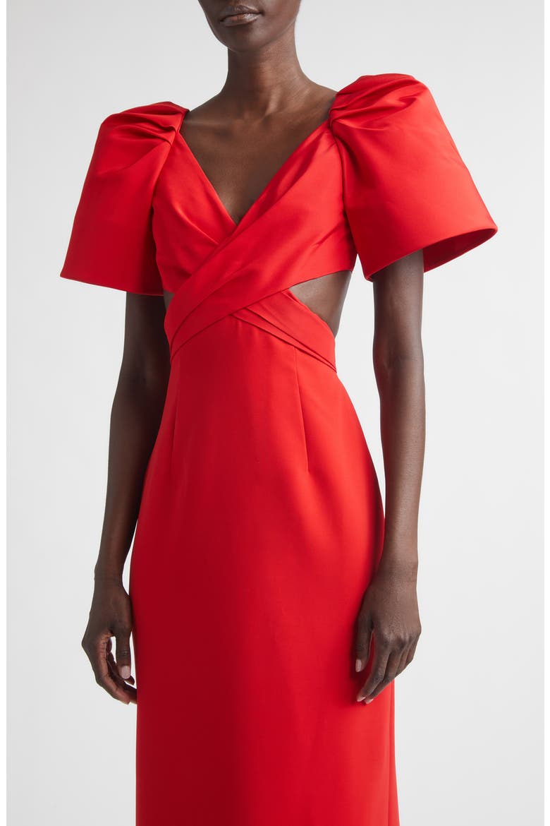 Bell Sleeve Crossover Faille & Crepe Gown, Alternate, color, HERRERA RED