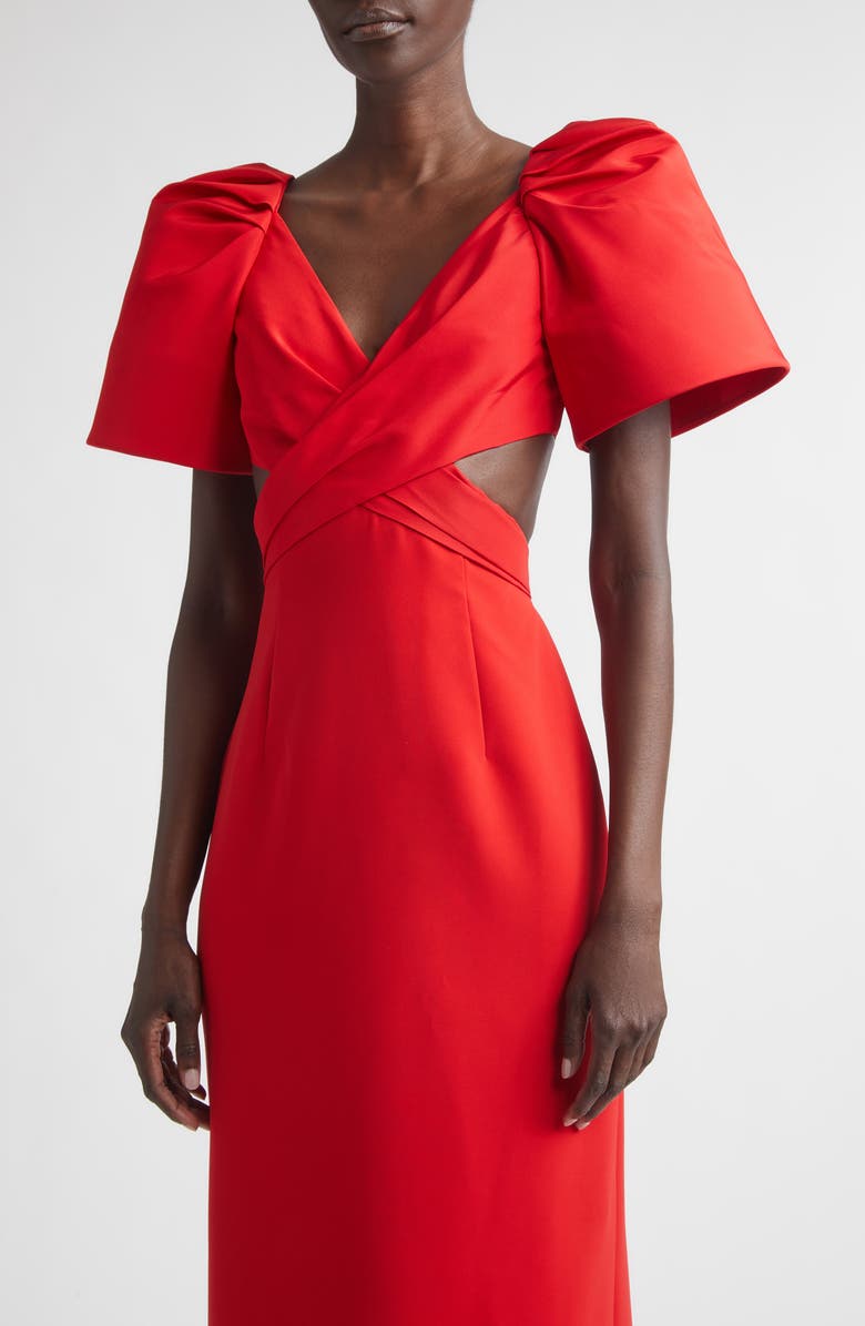 Carolina Herrera Bell Sleeve Crossover Faille & Crepe Gown, Alternate, color, Herrera Red