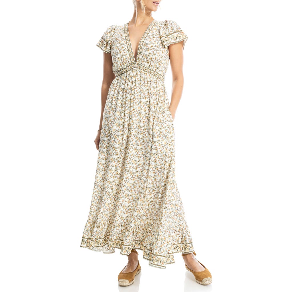 Max Studio Empire Waist Flutter Sleeve Maxi Dress In Cream Yellow Floral
