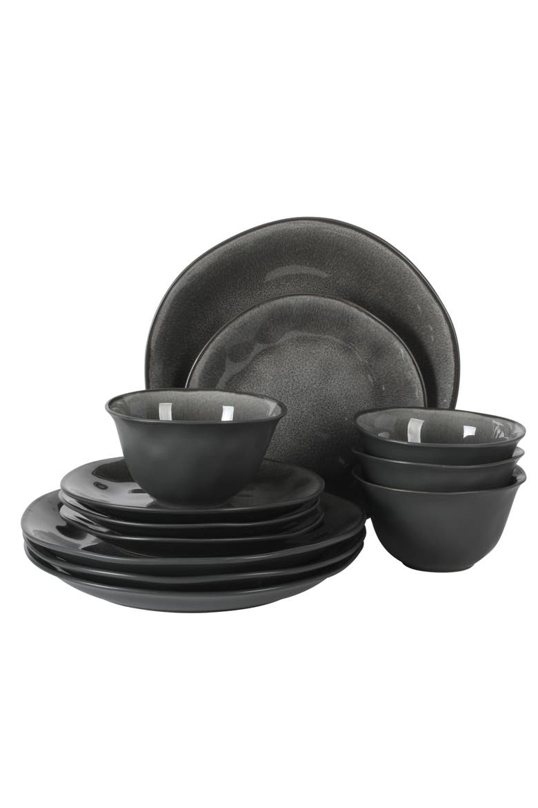 Port Barton 12-Piece Reactive Glaze Stoneware Dinnerware Set, Main, color, Charcoal