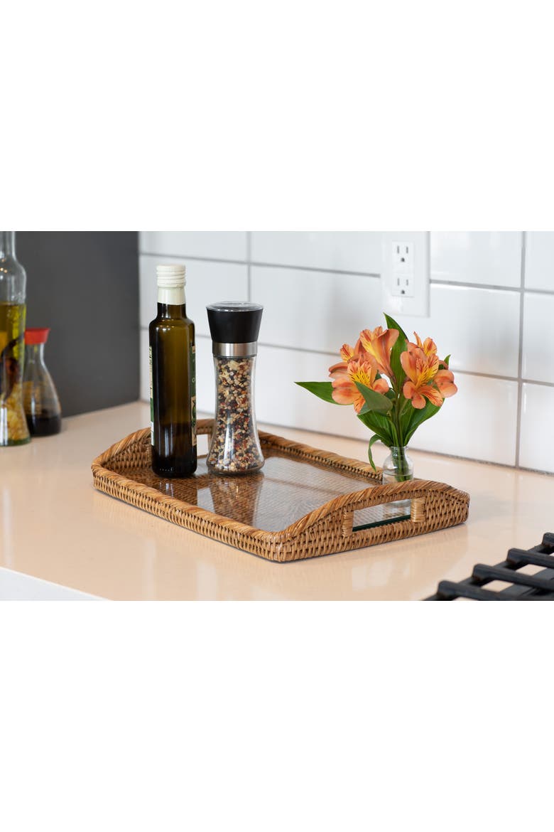 Artifacts Rattan Rectangular Tray with Glass Insert, Alternate, color, Honey Brown