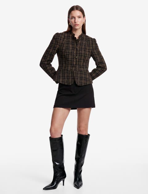 Mandarin Collar Long Sleeve Plaid Tweed Jacket