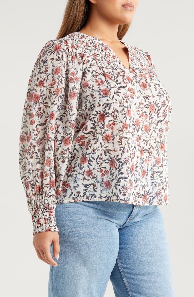 Treasure & Bond Print Smocked Yoke Button-Up Shirt, Alternate, color, Ivory- Pink Fleurette