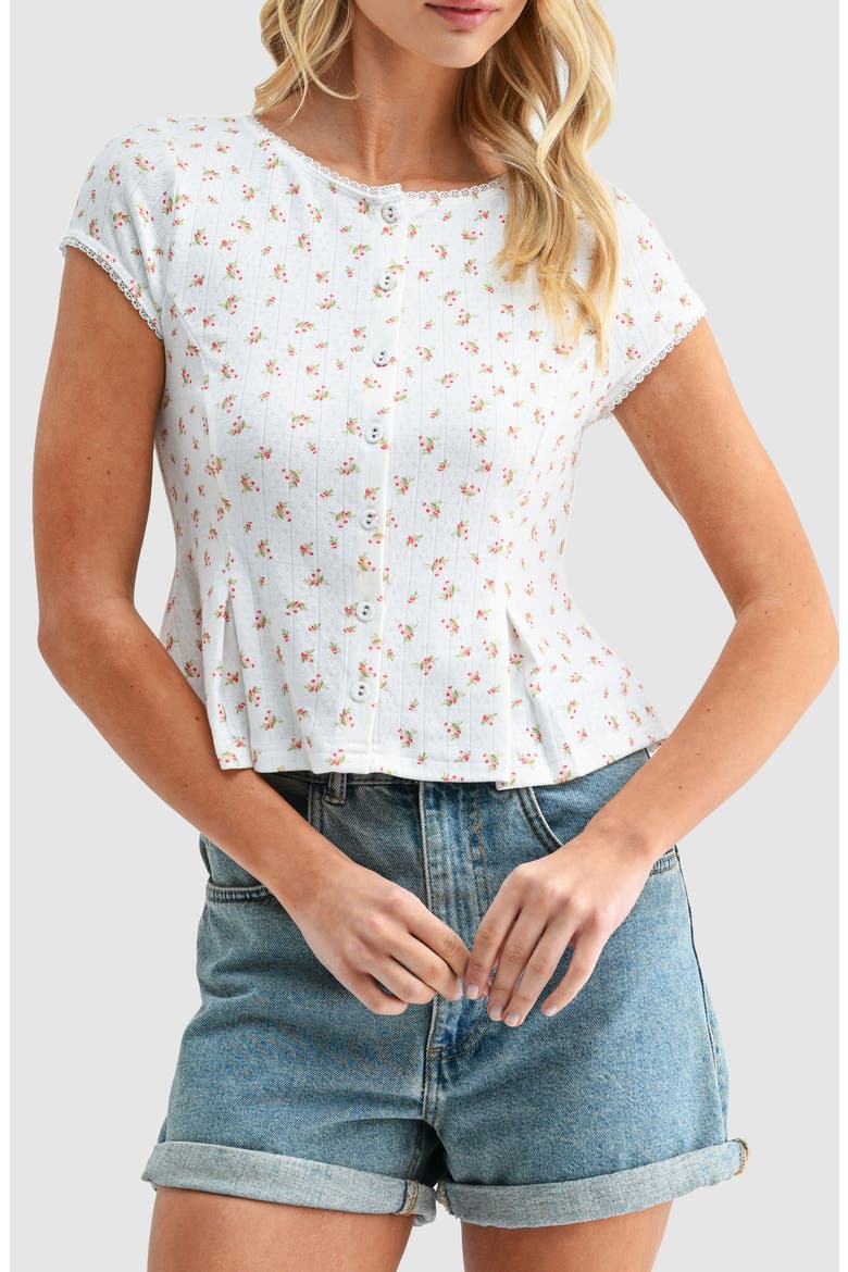 Floral Pointelle Stitch Peplum Button-Up Top, Main, color, CREAM DITSY