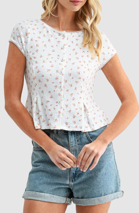 Floral Pointelle Stitch Peplum Button-Up Top