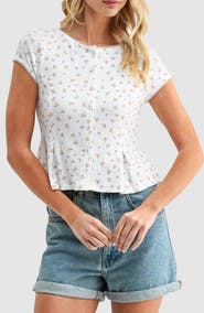 All in Favor Floral Pointelle Stitch Peplum Button-Up Top