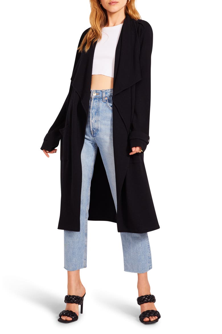 BB Dakota Trench Revolution Waterfall Lapel Knit Coat, Main, color, BLACK