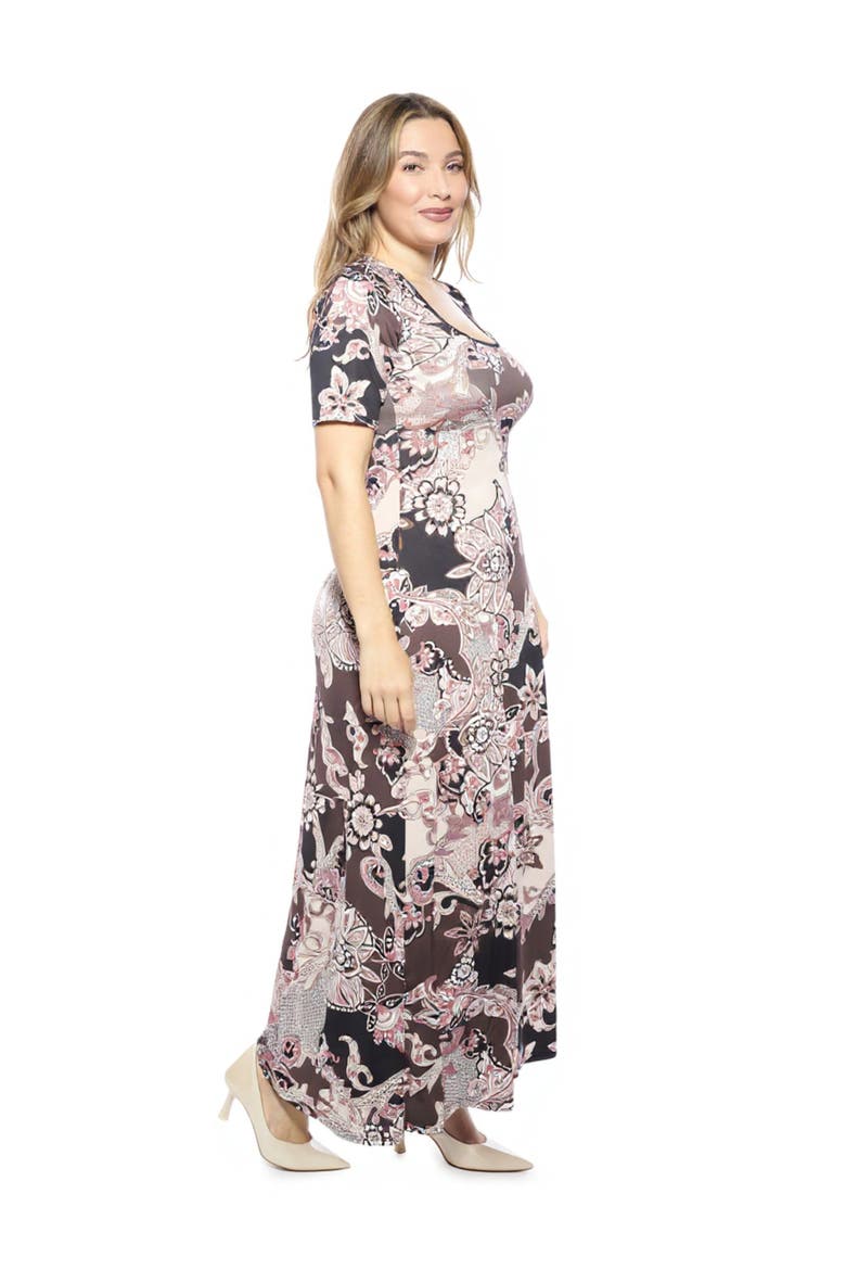 Curvy Essential Scoop Neck Elbow Sleeve A-Line Maxi Dress, Alternate, color, Brown Multi