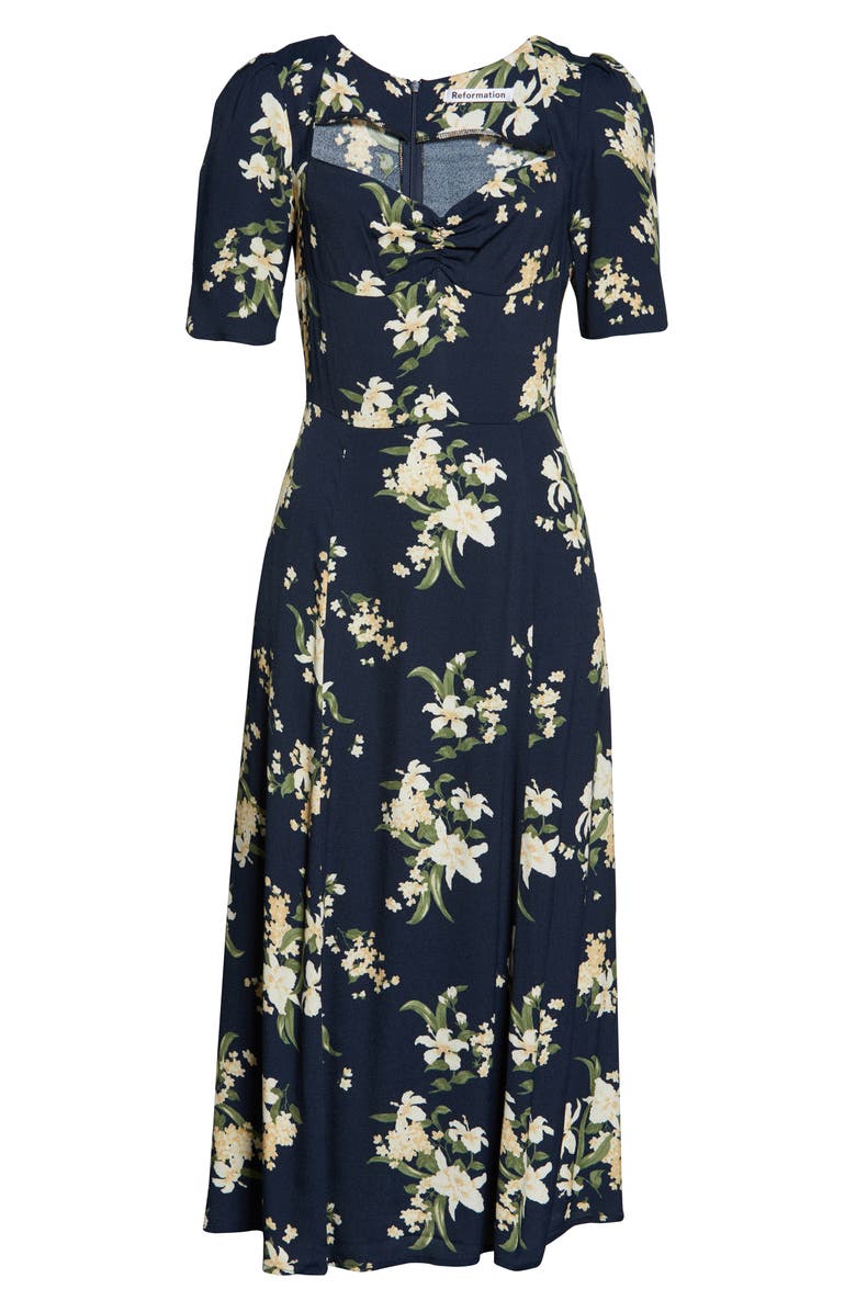 Reformation Matin Ruched Neck Midi Dress, Main, color, 