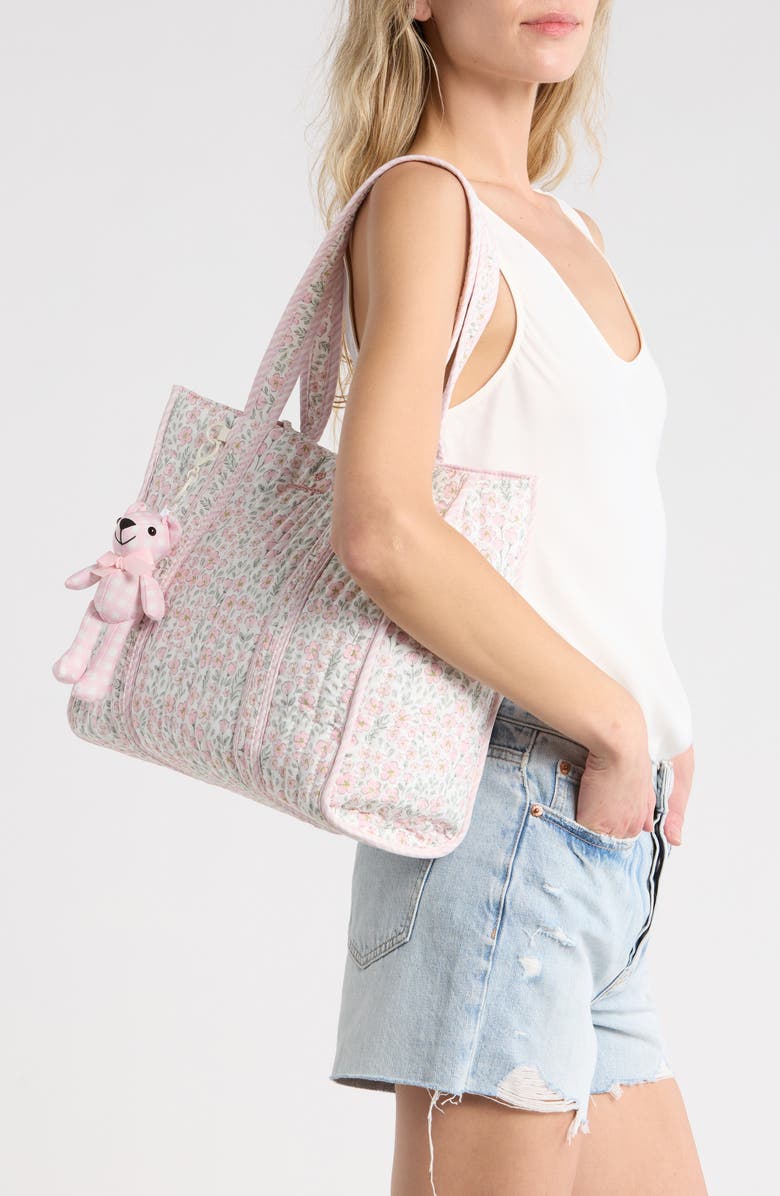 Nanette Lepore Floral Quilted Tote with Bear Charm & Crossbody Bag, Alternate, color, Pretty Petals-Stripe-Gingham