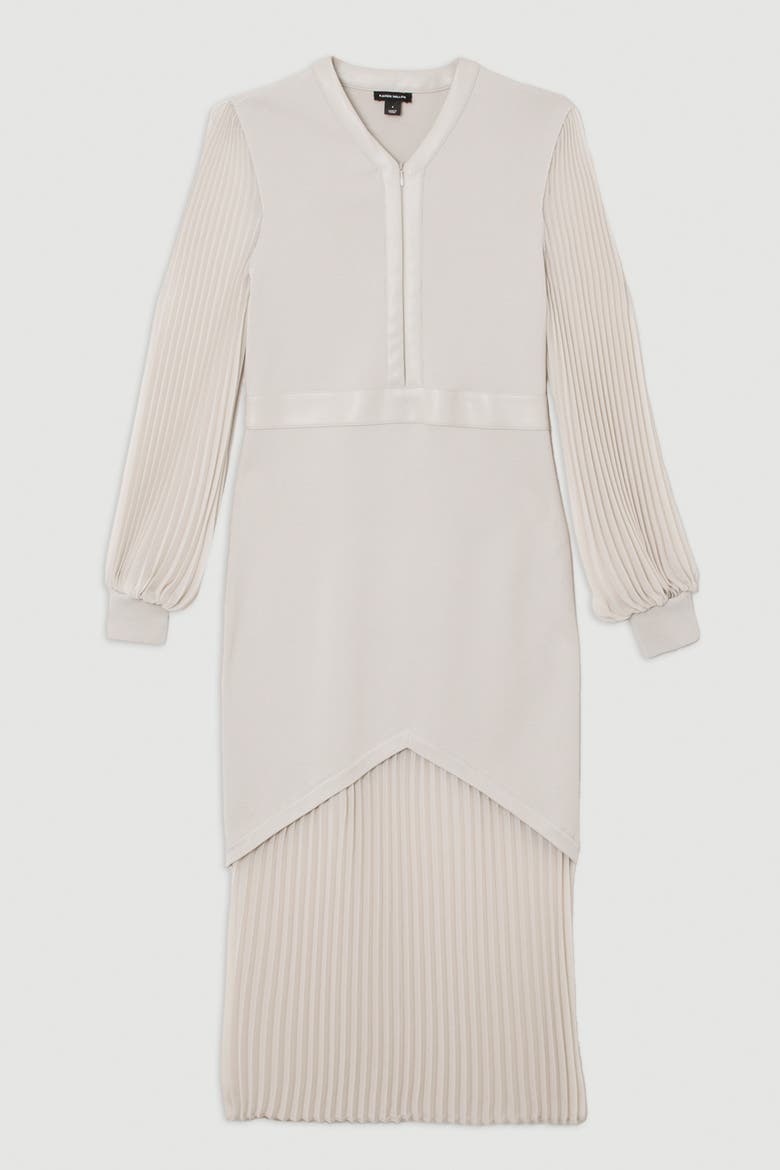 Pu Trim Woven Sleeved Pleated Dress, Alternate, color, Grey