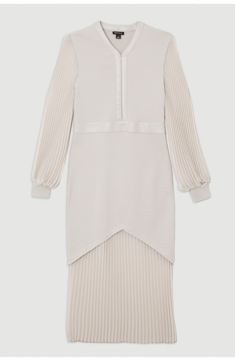 Karen Millen Pu Trim Woven Sleeved Pleated Dress, Alternate, color, Grey