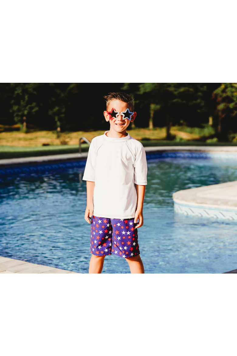 Baby Boys Soft Stretch UPF 50+ Recycled Polyester Below-the-Knee Printed Swim Board Shorts, Alternate, color, USA Stars
