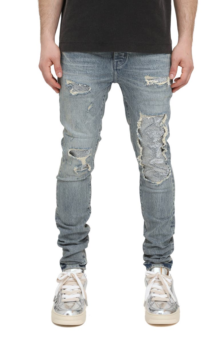 PURPLE BRAND Rip & Repair Beaded Skinny Jeans, Main, color, Light Indigo