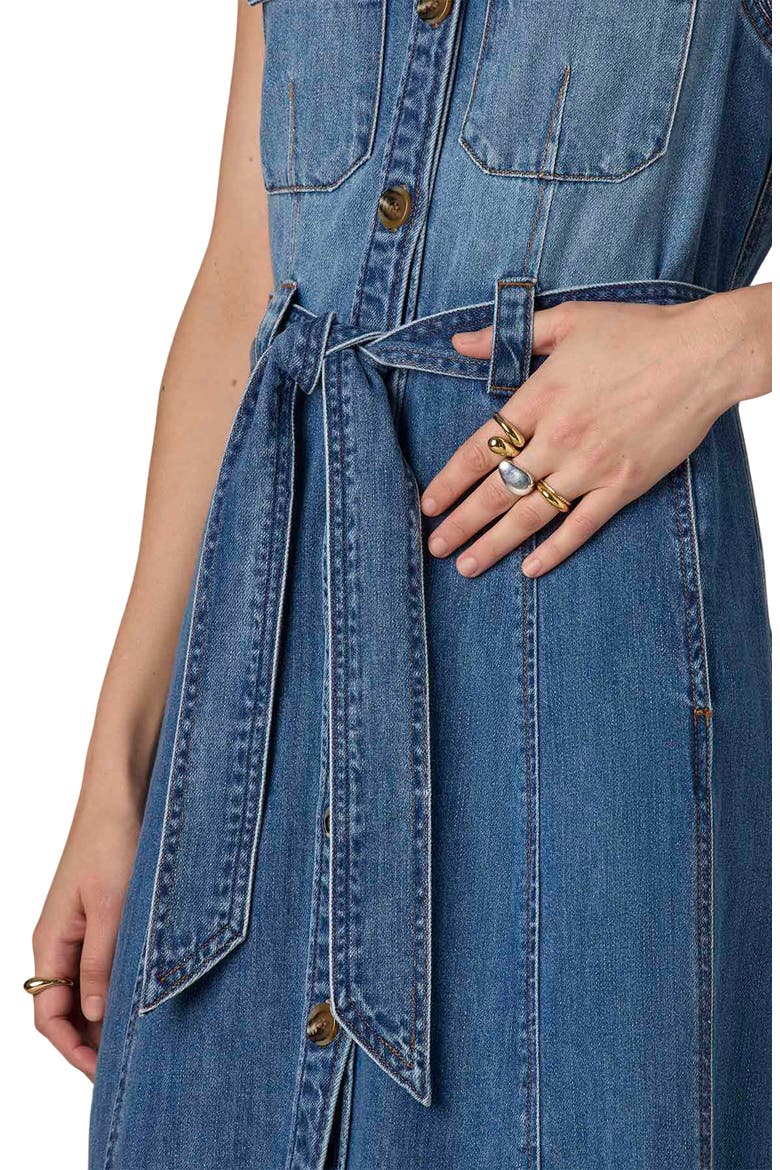 Sleeveless Tie Belt Cotton Denim Shirtdress, Alternate, color, MID BLUE