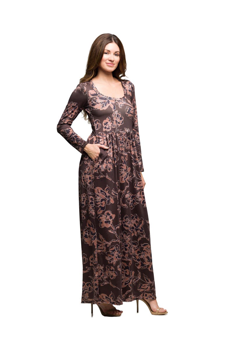 24seven Comfort Apparel Floral Long Sleeve Scoop Neck Maxi Dress, Alternate, color, Brown Multi